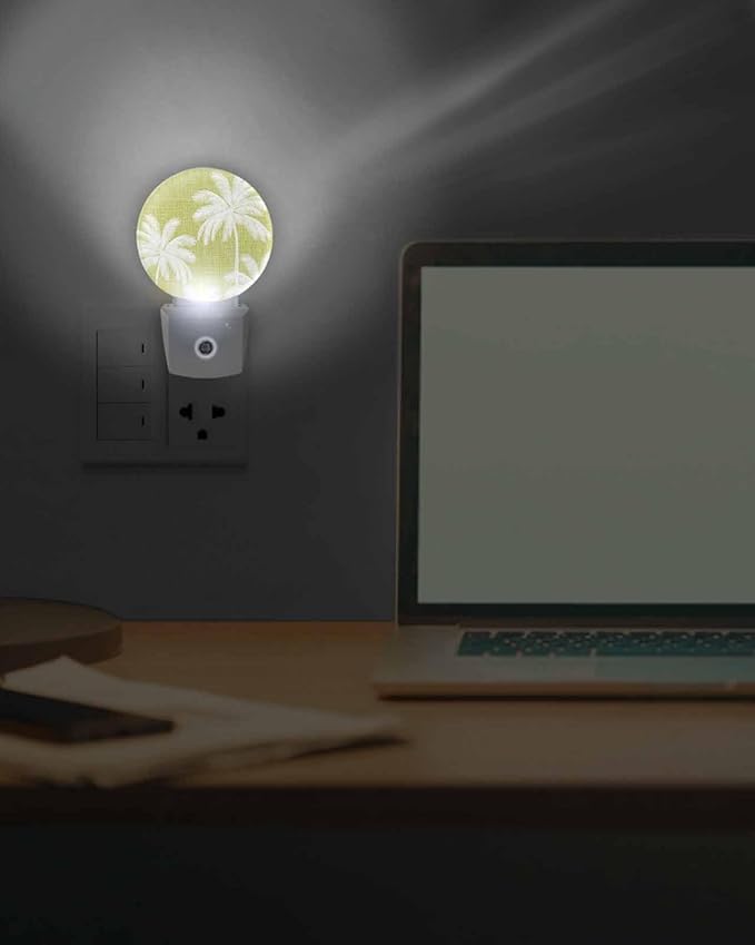 Night Lights Auto Sensor Tropical Palm Trees Night Light Lemon Yellow Linen Coastal Round Lamp Plug-in LED Nightlights Dusk to Dawn for Living Room Bedroom Bathroom Hallway Wall Decor