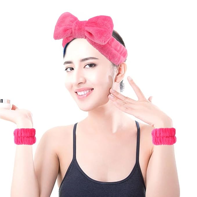 AOPRIE SPA Headbands for Washing Face Makeup Headbands with Bow Hair Band Women Facial Head Band Laurel Wrist Towel Wraps For Shower Face Mask Red Pink, 12 Pack
