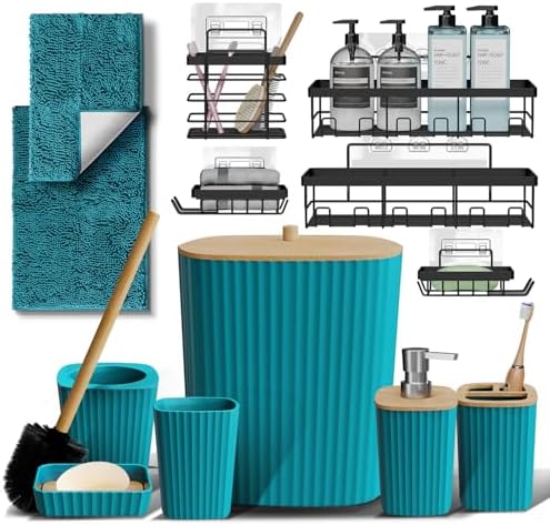 Clara Clark Bathroom Set - Teal Bathroom Accessories Set, 6PC Bathroom Accessory Set, Bathroom Sets with Bathroom Rugs, Adhesive Corner Shower Caddy Hanging, Toilet Brush, Trash Can & Soap Dispenser by ClaraClark