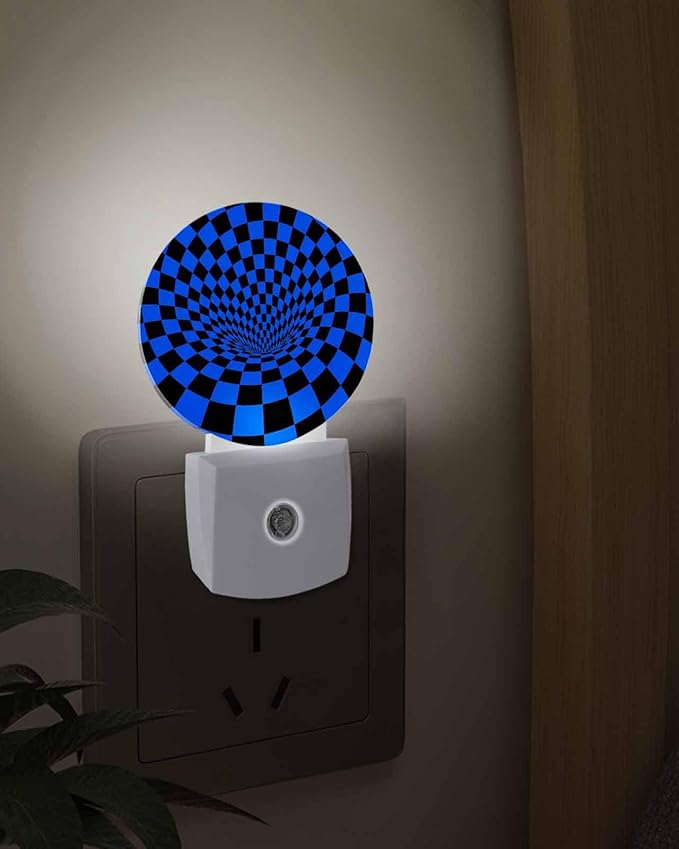 Night Lights Auto Sensor Blue Black Checker Night Light 3D Abstract Mosaic Tiles Round Lamp Plug-in LED Nightlights Dusk to Dawn for Living Room Bedroom Bathroom Hallway Wall Decor