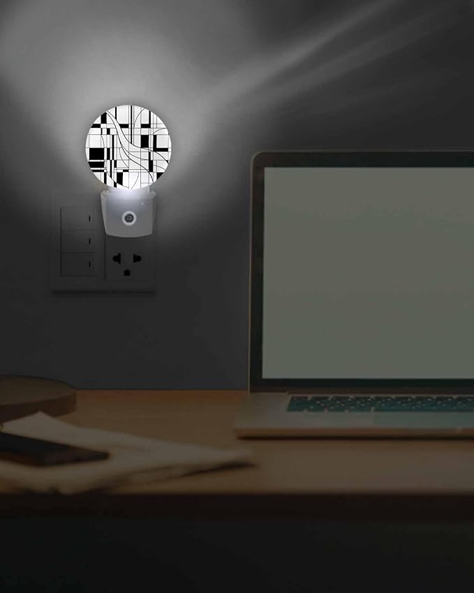 Night Lights Auto Sensor White Lines Night Light Modern Abstract Art Round Lamp Plug-in LED Nightlights Dusk to Dawn for Living Room Bedroom Bathroom Hallway Wall Decor