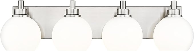 Bathroom Light Fixtures, 4 Light Brushed Nickel Vanity Light, 26 Inch Modern Wall Sconces with Globe Milk White Glass Shade, Vanity Lighting Fixtures Over Mirror, VL195-BN-ML-4