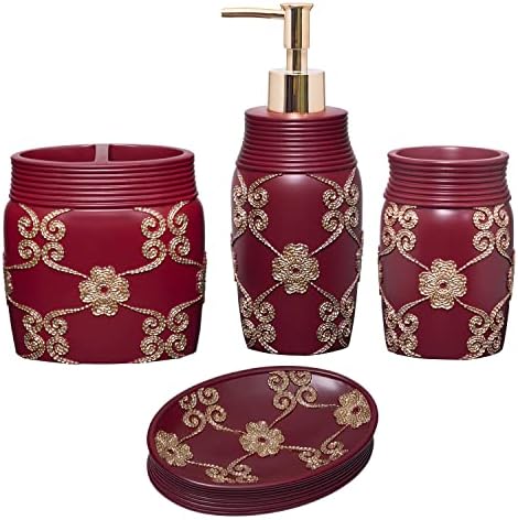 Zahari Home 4pc Elegant Rose Burgundy Bathroom Set Classic Bathroom Lotion Dispenser, Tumbler, Toothbrush Case and Bar Soap Holder Modern Uunique Design Burgundy Red Bathroom Accessories by ZahariHome