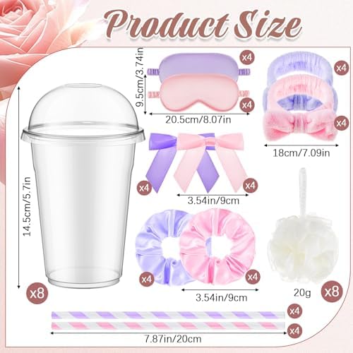 Nitial 56 Pcs Spa Sleepover Party Supplies Including Headband Sleep Eye Mask Velvet Scrunchies Bath Loofah Sponges Plastic Cup with Lids Straws for Girls' Night Birthday Party (Pink Purple) - Image 2
