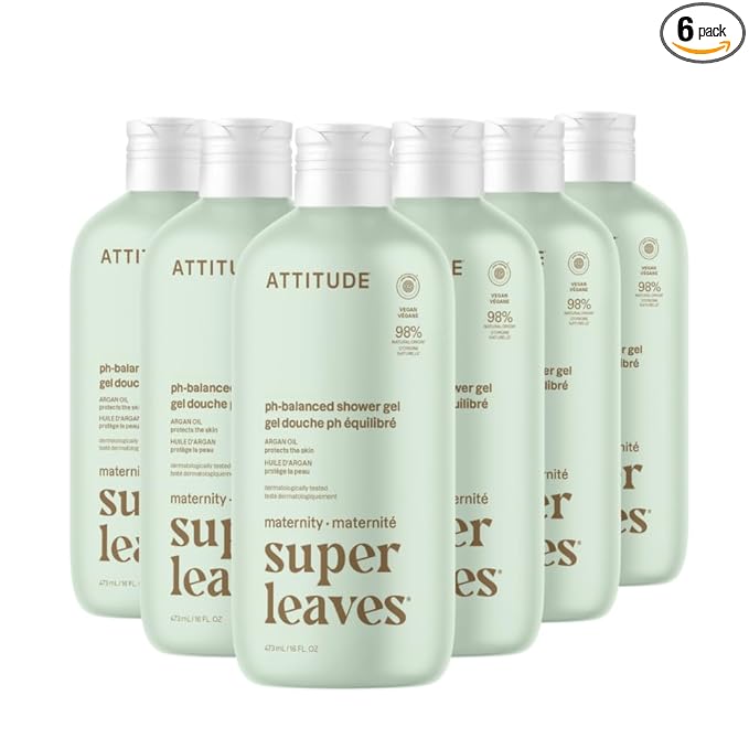 ATTITUDE Pregnancy pH-Balanced Body Wash, EWG Verified, Dermatologically Tested, Plant and Mineral-Based, Vegan Maternity Products, Argan Leaf Extract, 16 Fl Oz (Pack of 6)