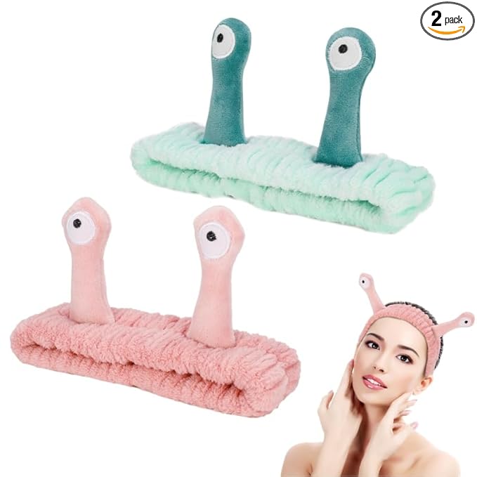 DragonflyDreams Cute Cartoon Snail Headbands, 2 Pack - Coral - Hairband for Washing Face, Skincare Makeup Headbands Women, Soft Microfiber Fleece, Elastic Headband, Hair Accessories for Women