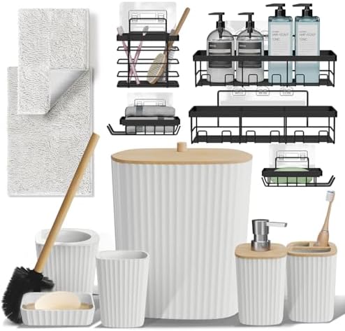 Clara Clark Bathroom Set - White Bathroom Accessories Set, 6PC Bathroom Accessory Set, Bathroom Sets with Bathroom Rugs, Adhesive Corner Shower Caddy Hanging, Toilet Brush, Trash Can & Soap Dispenser by ClaraClark