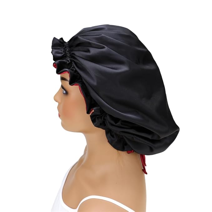 Adjustable Silk Satin Bonnet Hair Care Caps for Women Girls Loose-fitting Reversible Sleeping Cap Shower Caps Hair Wrap Bonnets (008 Wine/Black)
