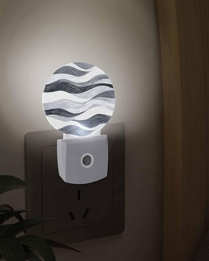 Night Lights Auto Sensor Grey Ocean Waves Night Light Abstract Mountain Stripes Round Lamp Plug-in LED Nightlights Dusk to Dawn for Living Room Bedroom Bathroom Hallway Wall Decor