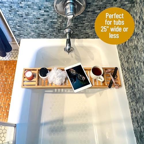 Mind Reader Bathtub Tray, Shower Organizer, Bathroom Accessory, Wood Tray, Rayon from Bamboo, 27.5" L x 5.75" Wx 1.75" H, Brown - Image 2