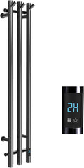 Electric Heated Towel Rack with Timer, Wall-Mounted Towel Warmer, 3 Vertical Bars, Plug-in or Hardwired, 37.4 Inch Height, Round Design (Black)