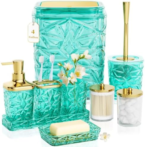 Bathroom Accessory Set, 9-Piece Teal Bathroom Set with Trash Can, Toilet Brush, Soap Dispenser, Soap Dish, Toothbrush Holder, Tumbler, Q-tip Holders & Tray, for Hotel/Apartment, Housewarming Gift by Unknown