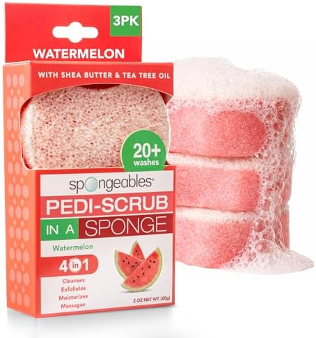 Spongeables Pedi Scrub Foot Exfoliating 20+ Wash Sponge, Watermelon, 3 Count by Spongeables