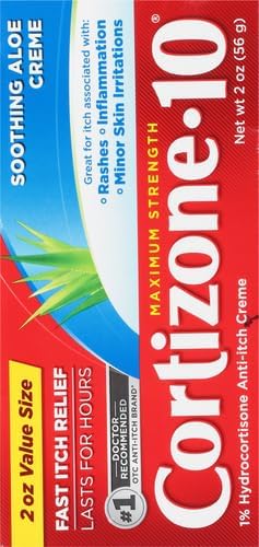 Cortizone-10 Maximum Strength Soothing Aloe Itch Relief Cream, 1% Hydrocortisone, Fast-Acting, Anti-Itch Cream for Bug Bites, Rash, Eczema, Psoriasis, Poison Ivy, Oak, Sumac & More, 2 oz (Pack of 2)