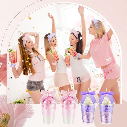 Nitial 56 Pcs Spa Sleepover Party Supplies Including Headband Sleep Eye Mask Velvet Scrunchies Bath Loofah Sponges Plastic Cup with Lids Straws for Girls' Night Birthday Party (Pink Purple) - Image 4