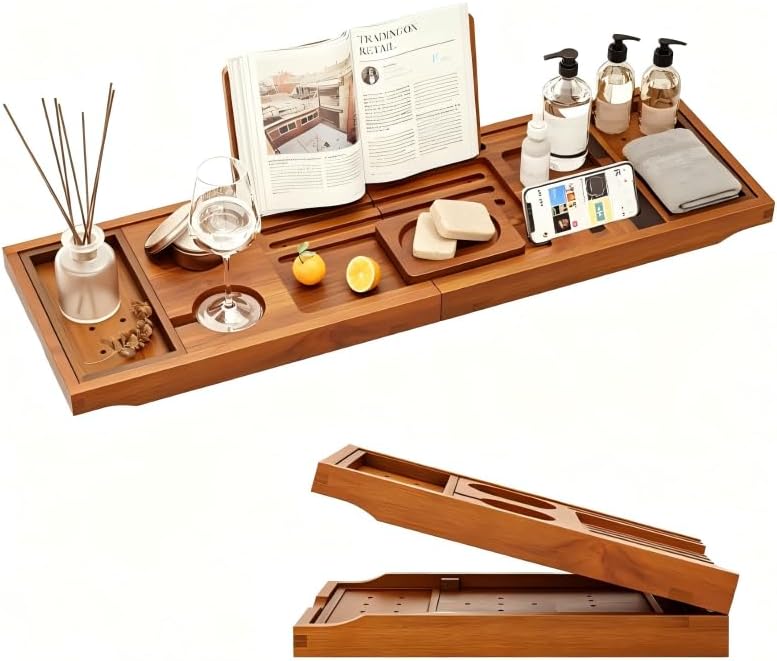 Expandable Solid Teak Wood Bathtub Caddy Tray, Adjustable Bath Tub Organizer for Bathroom Spa, Luxury Bath Accessories (Teak Stained Bamboo, Foldable) by KiasthomeModernFurniture