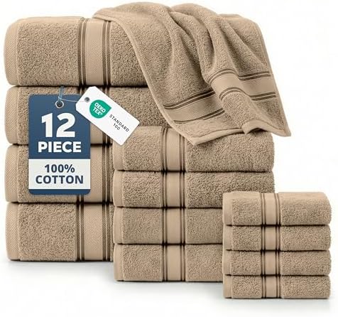 LANE LINEN Bath Towel Set Absorbent Quick Dry 100% Cotton 12 Piece - Taupe by LaneLinen