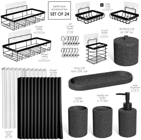 Clara Clark Bathroom Set - Coal Black Bathroom Accessories Set, 24PC Bathroom Accessory Set, Bathroom Sets with Shower Curtain Set, Adhesive Corner Shower Caddy Hanging & Soap Dispenser - Image 2