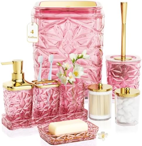 Bathroom Accessory Set, 9-Piece Pink Bathroom Set with Trash Can, Toilet Brush, Soap Dispenser, Soap Dish, Toothbrush Holder, Tumbler, Q-tip Holders & Tray, for Hotel/Apartment, Housewarming Gift by Unknown