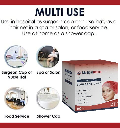 Medical Nation 21" Disposable Bouffant Caps | CASE of 1000, RED | Hairnets, Non-Woven, Non-Pleated Head Hair Covers | for Medical, Labs, Nurse, Tattoo, Food Service, Hospital, Cooking - Size 21" Red