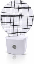 Night Lights Auto Sensor White Checked Plaid Night Light Minimalist Grid Lines Round Lamp Plug-in LED Nightlights Dusk to Dawn for Living Room Bedroom Bathroom Hallway Wall Decor