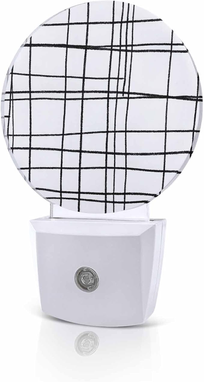 Night Lights Auto Sensor White Checked Plaid Night Light Minimalist Grid Lines Round Lamp Plug-in LED Nightlights Dusk to Dawn for Living Room Bedroom Bathroom Hallway Wall Decor