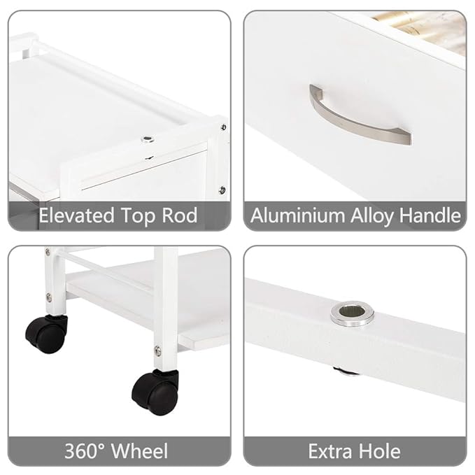 Salon Trolley Cart with Wheels, Wooden Rolling Storage Station, Mobile Utility Cabinet with 1 Drawer 2 Trays, Medical Esthetic Supply for Beauty SPA Massage Tattoo Facials, White