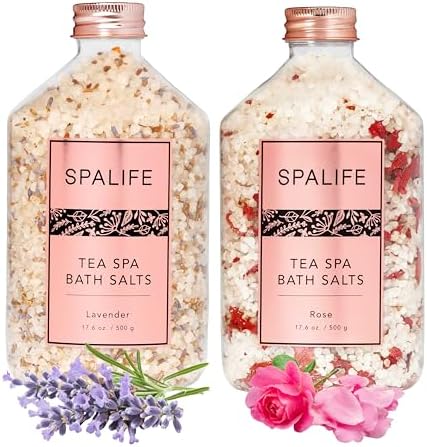 SpaLife Effervescent Rose & Lavender Bath Salts for Women Relaxing | All Natural Aromatherapy Dead Sea Salt Bath Soak Duo | Real Flower Petals for Relaxing Mineral Baths | 2-Pack (35.2 oz) by SpaLife