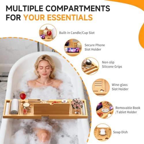 Bathtub Tray Caddy Fits Most Tubs Adjustable 23-34'' Beige - Image 2