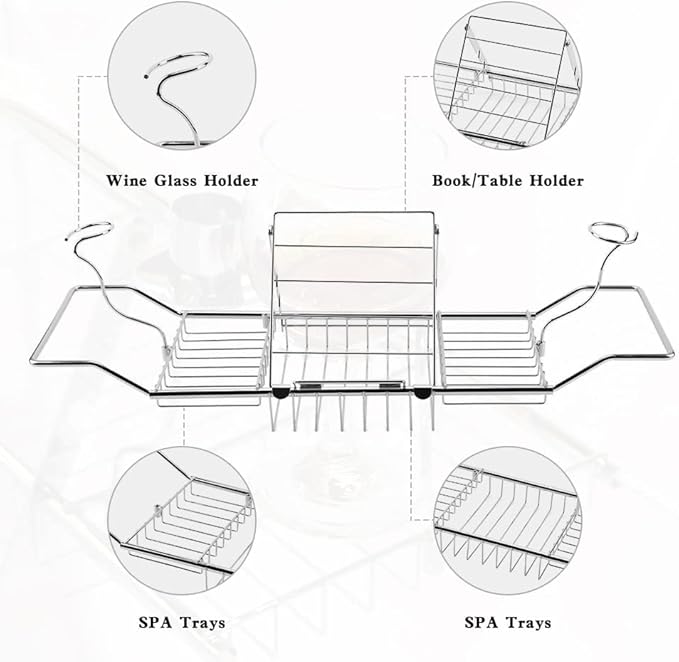 BDL Bathtub Caddy Tray Expandable Bath Tub Table with Wine Holder, Free Soap Dish and Laptop Reading Rack, Bathtub Tray for Home (Silver)