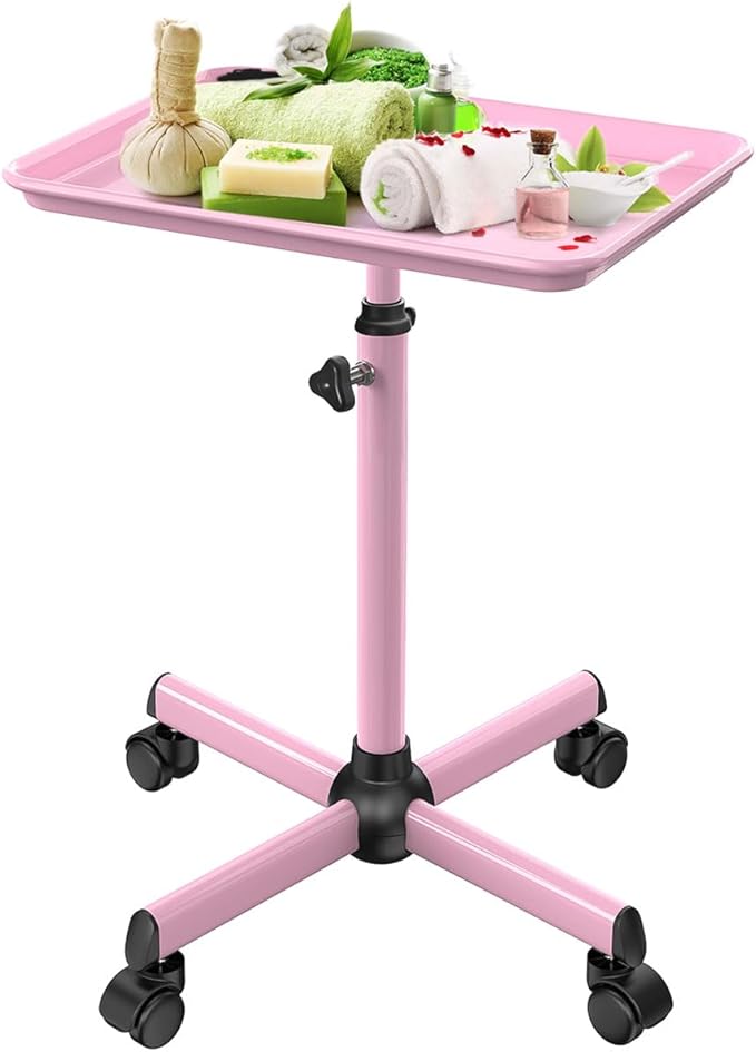 Salon Tray Cart Tattoo Tray Rolling Cart, Service Rolling Tray, Height Adjustable Styling Tray, Storage Tray Trolley for Beauty Salon Clinic Spa (Pink)