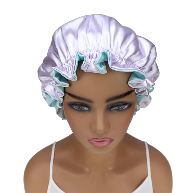 Adjustable Silk Satin Bonnet Hair Care Caps for Women Girls Loose-fitting Reversible Sleeping Cap Shower Caps Hair Wrap Bonnets (002 Lilac/Aqua)