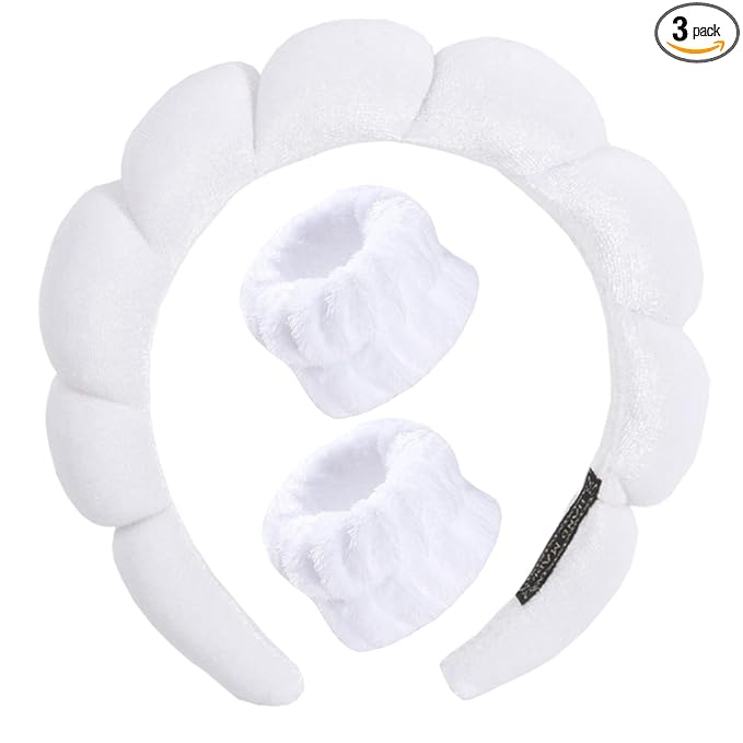 Luckybear Spa Headband for Face Washing, Velvet Makeup Headband with Face Wash Wristbands - White