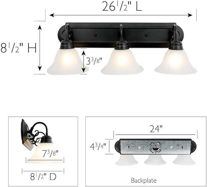 Design House 589796 Millbridge Vanity Light Dimmable with Frosted Glass for Above Bathroom Mirror, Matte Black, 3-Light