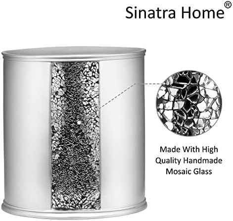 Zahari Home 2pc Sinatra Silver Modern Bath Accessories Set Waste Basket & Tissue Box Modern Classic Contemporary Decorative Beautiful Designs Bathroom Decor Set for Home Mosaic Glass - Image 3