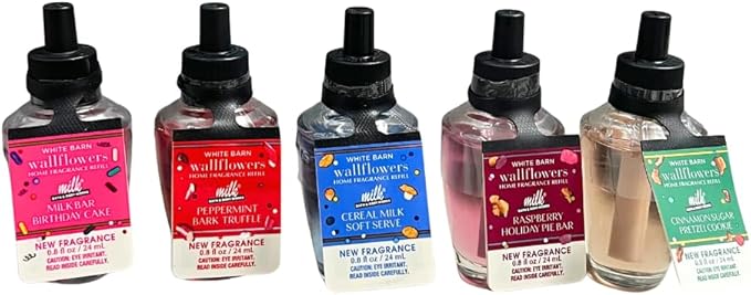 Bath & Body Works Wallflowers Refills MILK BAR Collection 2025 5pc Gift Set w/ 30-Inch Metallic Gold & Silver Striped Bow – Birthday Cake, Cereal Milk, Raspberry Pie, Peppermint Bark & Cinnamon Sugar