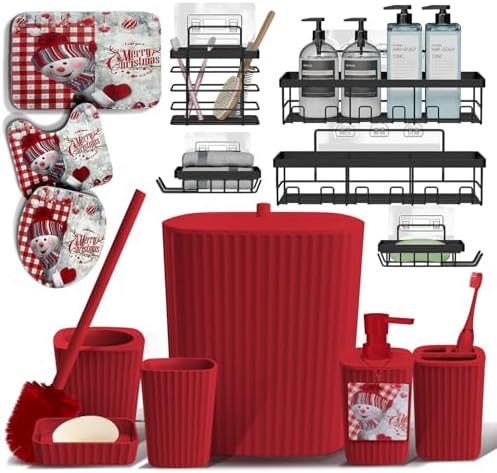 Clara Clark Bathroom Set - Christmas Bathroom Accessories Set, 14PC Bathroom Accessory Set, Christmas Bathroom Sets with Bathroom Rugs, Adhesive Corner Shower Caddy Hanging, Toilet Brush & Trash Can by ClaraClark
