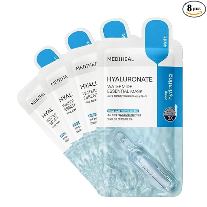 Mediheal Best Korean Hyaluronate Watermide Essential Face Mask - Hydrating and Moisturizing Sheet Masks With Hyalu Active 3x For All Skin Types (4 Count) (Pack of 2)