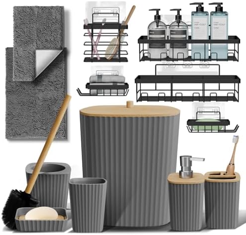 Clara Clark Bathroom Set - Grey Bathroom Accessories Set, 6PC Bathroom Accessory Set, Bathroom Sets with Bathroom Rugs, Adhesive Corner Shower Caddy Hanging, Toilet Brush, Trash Can & Soap Dispenser by ClaraClark