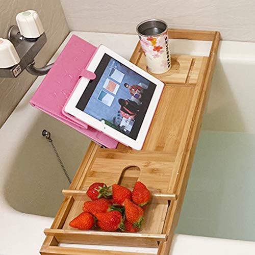 Bath Caddy Tray for Tub, Bamboo Bathtub Tray Caddy 29.5-42.9 inch Expandable with Wine Glass Holder, Book Stand and Phone Slot Luxury Bubble Bath Accessories & Spa Decor Distinctive Gift by DYRABREST