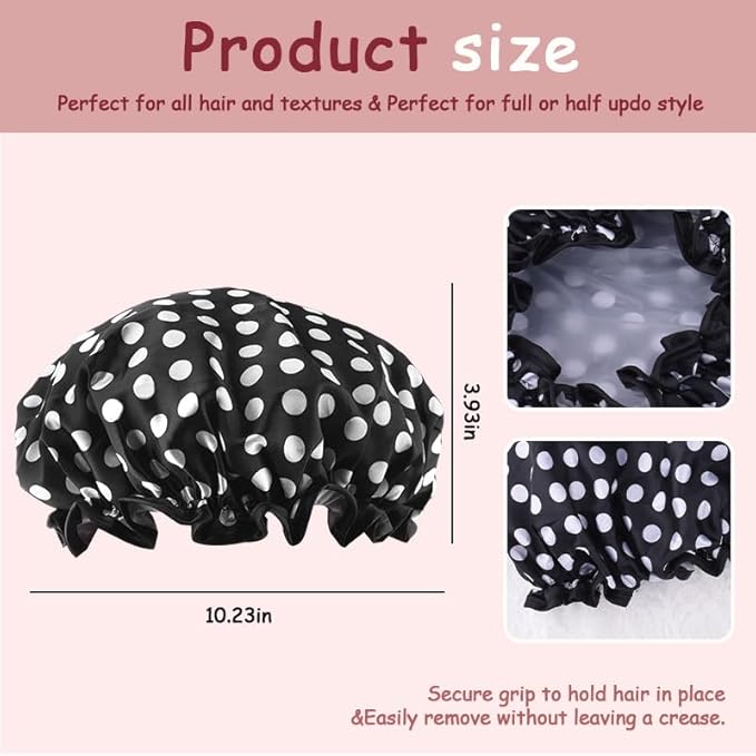 Polka Dot Shower Caps for Women Reusable Waterproof Satin Lined Bathing Caps for Braids Long Short Hair Cap for Shower Bath Large Polka Dots Foldable Travel Showering Cap for Women Men Vintage Fashion