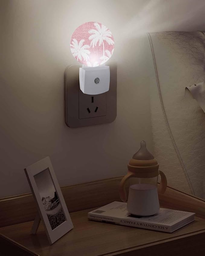 Night Lights Auto Sensor Tropical Palm Trees Night Light Pink Linen Coastal Round Lamp Plug-in LED Nightlights Dusk to Dawn for Living Room Bedroom Bathroom Hallway Wall Decor
