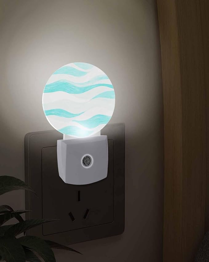 Night Lights Auto Sensor Turquoise Ocean Waves Night Light Abstract Mountain Stripes Round Lamp Plug-in LED Nightlights Dusk to Dawn for Living Room Bedroom Bathroom Hallway Wall Decor