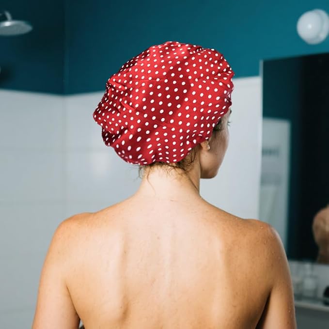 Christmas Red Polka Dot Shower Cap for Women Girls Vintage Polka Dot Shower Caps for Briads Womens Reusable Bathing Caps for Women Double Layer Waterproof Washable Bathing Cap for Thick Thin Hair
