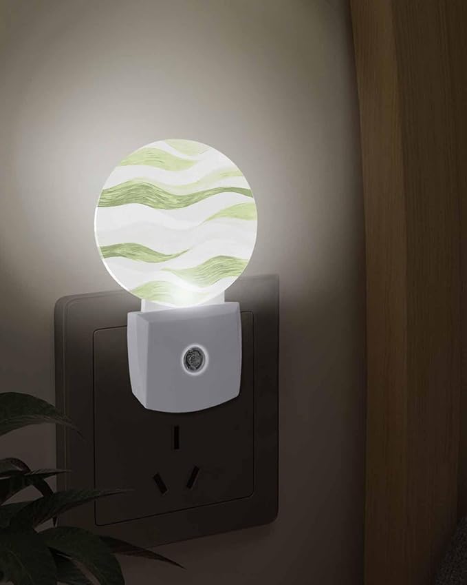 Night Lights Auto Sensor Sage Green Ocean Waves Night Light Abstract Mountain Stripes Round Lamp Plug-in LED Nightlights Dusk to Dawn for Living Room Bedroom Bathroom Hallway Wall Decor