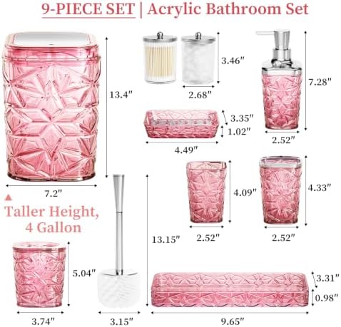 Bathroom Accessory Set, 9-Piece Pink Bathroom Set with Trash Can, Toilet Brush, Soap Dispenser, Soap Dish, Toothbrush Holder, Tumbler, Q-tip Holders & Tray, for Hotel/Apartment, Housewarming Gift - Image 2