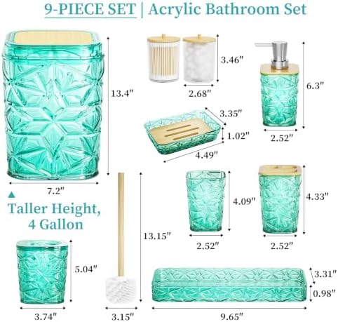 Bathroom Accessory Set, 9-Piece Teal Bathroom Set with Trash Can, Toilet Brush, Soap Dispenser, Soap Dish, Toothbrush Holder, Tumbler, Q-tip Holders & Tray, for Hotel/Apartment, Housewarming Gift - Image 2