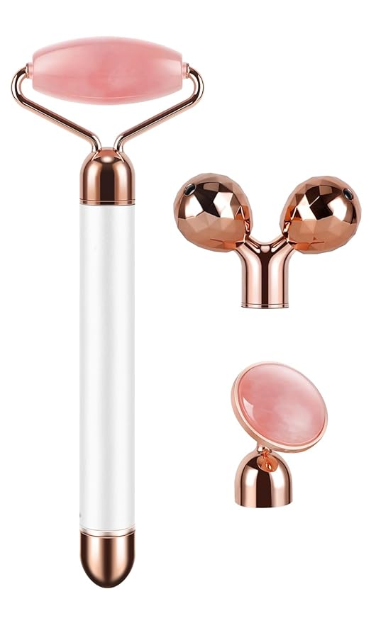DANGSHAN 3-in-1 Electric Jade Roller 3D Roller Facial Roller & Face Massager, Rose Quartz