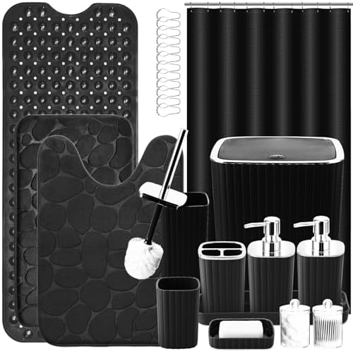 XLHOMO 26PC Bathroom Accessories Set - Gorgeous Black Bathroom Set, Bathroom Accessory Set, Black Shower Curtain Set with Bathtub Mats for Shower Tub by BetterbathroomwithXLHOME