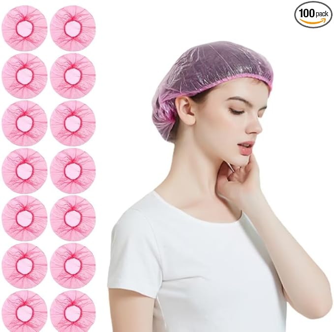 100Pcs Pink Disposable Elastic Plastic Shower Caps,Shower Caps for Women Caps Shower Hat Large Shower Cap Elastic Hair Cap for Home Use Hotel Spa and Hair Salon,Personal Care Bathing Accessories